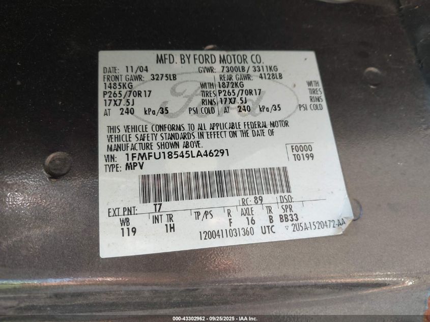 2005 Ford Expedition Eddie Bauer/King Ranch VIN: 1FMFU18545LA46291 Lot: 43302962