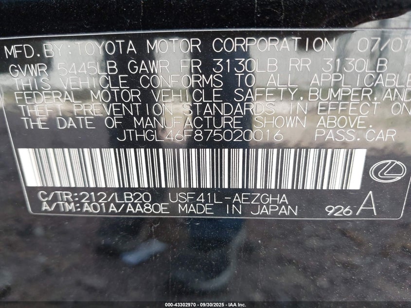 2007 Lexus Ls 460 L VIN: JTHGL46F875020016 Lot: 43302970