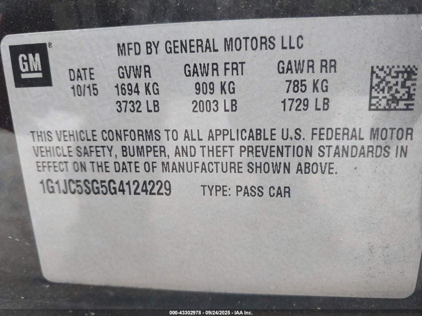 2016 Chevrolet Sonic Lt Auto VIN: 1G1JC5SG5G4124229 Lot: 43302978