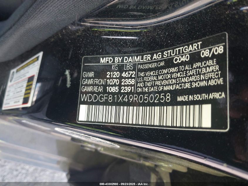 2009 Mercedes-Benz C 300 Luxury 4Matic/Sport 4Matic VIN: WDDGF81X49R050258 Lot: 43302980