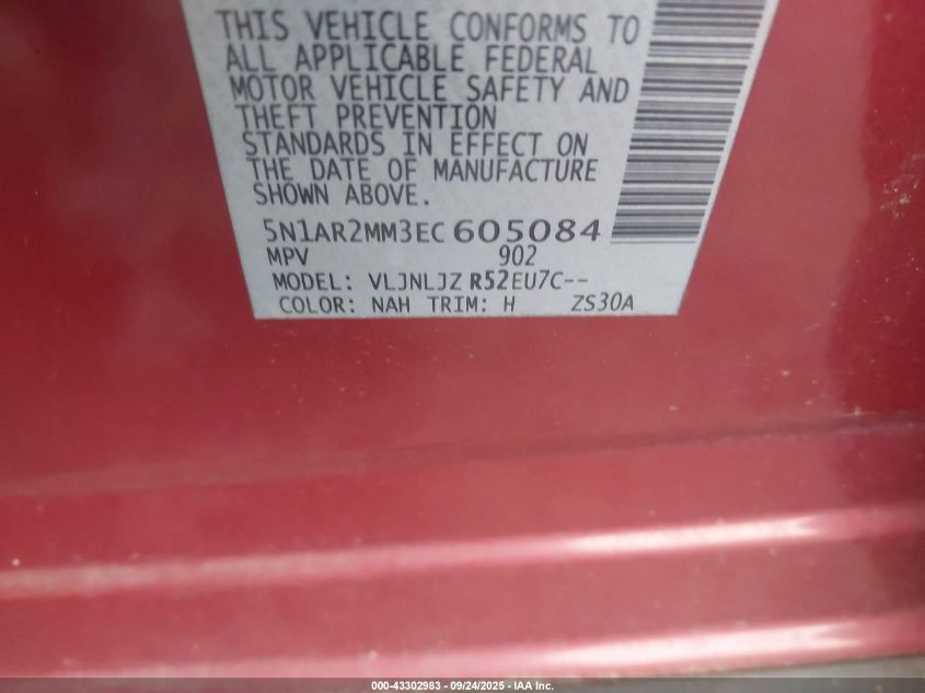 2014 Nissan Pathfinder Platinum VIN: 5N1AR2MM3EC605084 Lot: 43302983