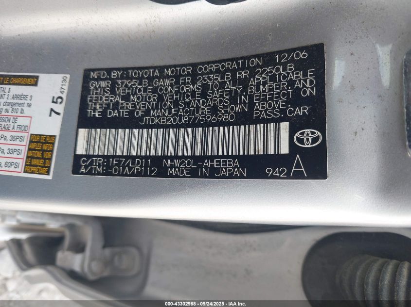 2007 Toyota Prius VIN: JTDKB20U877596980 Lot: 43302988