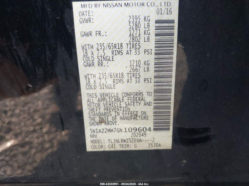 2016 Nissan Murano Sl VIN: 5N1AZ2MH7GN109604 Lot: 43302991