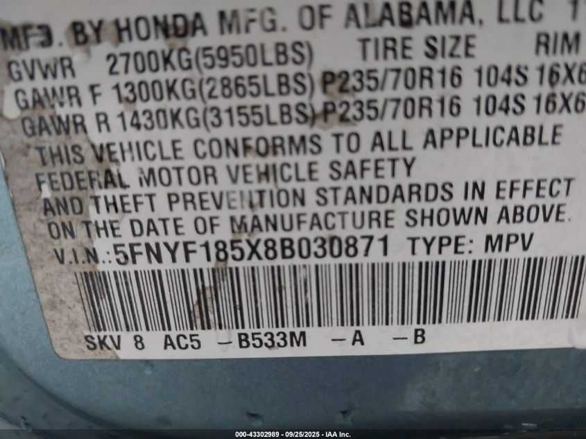 2008 Honda Pilot Ex-L VIN: 5FNYF185X8B030871 Lot: 43302989