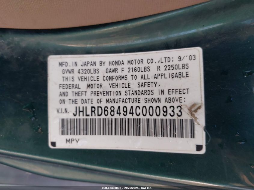 2004 Honda Cr-V Lx VIN: JHLRD68494C000933 Lot: 43303002