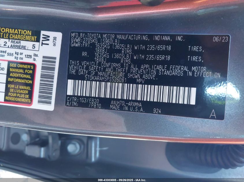 2023 Toyota Highlander Hybrid Xle VIN: 5TDKARAH5PS526081 Lot: 43303005