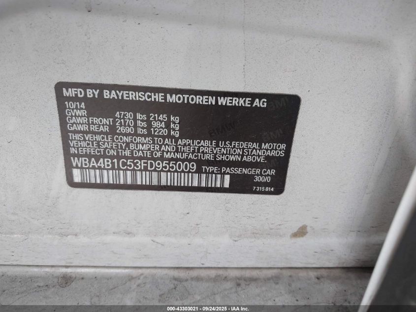 2015 BMW 435I Gran Coupe VIN: WBA4B1C53FD955009 Lot: 43303021