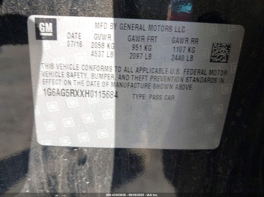 2017 Cadillac Ats Standard VIN: 1G6AG5RXXH0115684 Lot: 43303026
