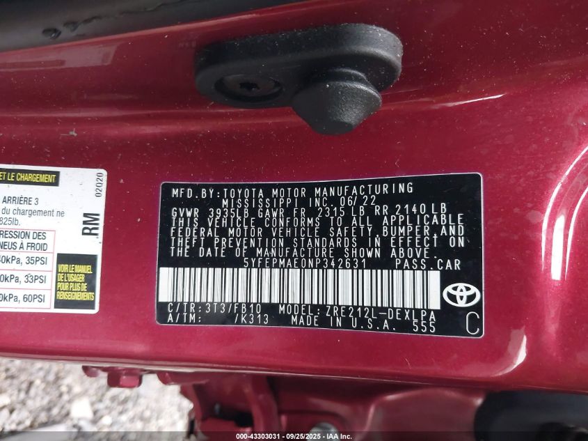 2022 Toyota Corolla Le VIN: 5YFEPMAE0NP342631 Lot: 43303031