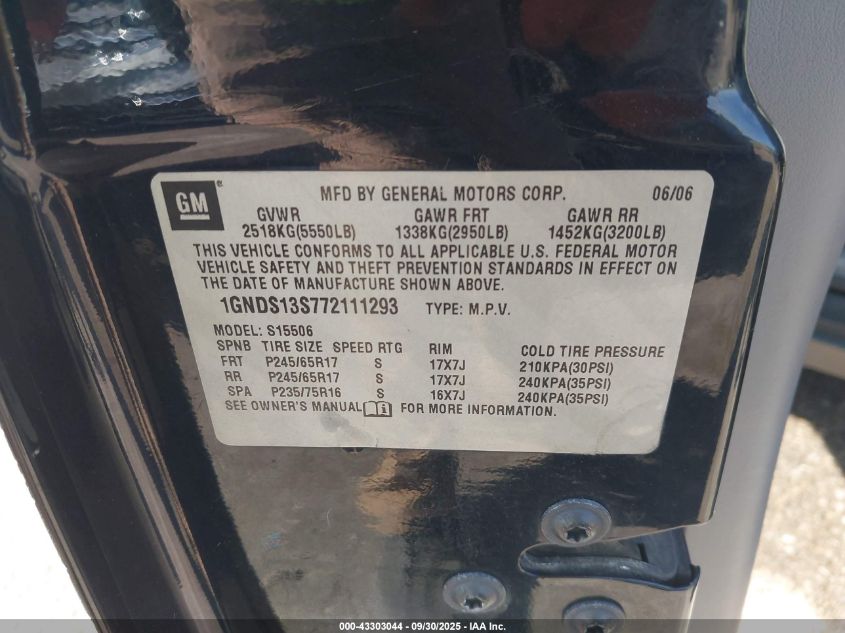 2007 Chevrolet Trailblazer Ls VIN: 1GNDS13S772111293 Lot: 43303044