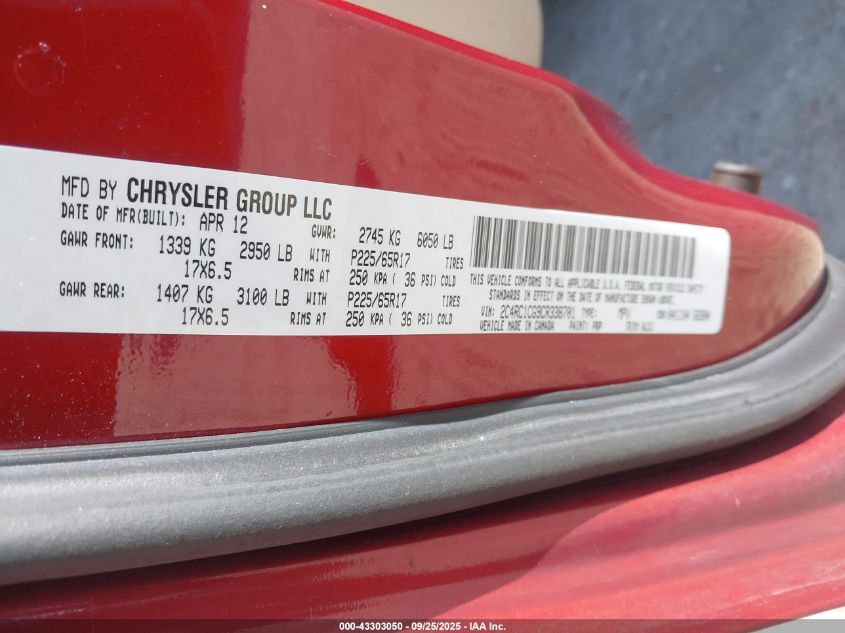 2012 Chrysler Town & Country Touring-L VIN: 2C4RC1CG9CR338701 Lot: 43303050