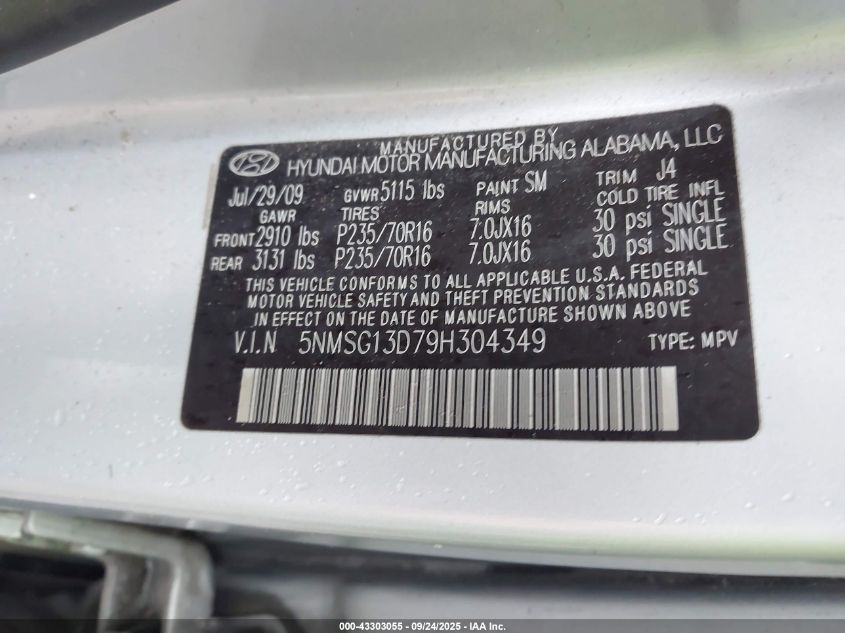 2009 Hyundai Santa Fe Gls VIN: 5NMSG13D79H304349 Lot: 43303055