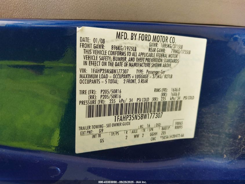 2008 Ford Focus Se/Ses VIN: 1FAHP35N58W177307 Lot: 43303058