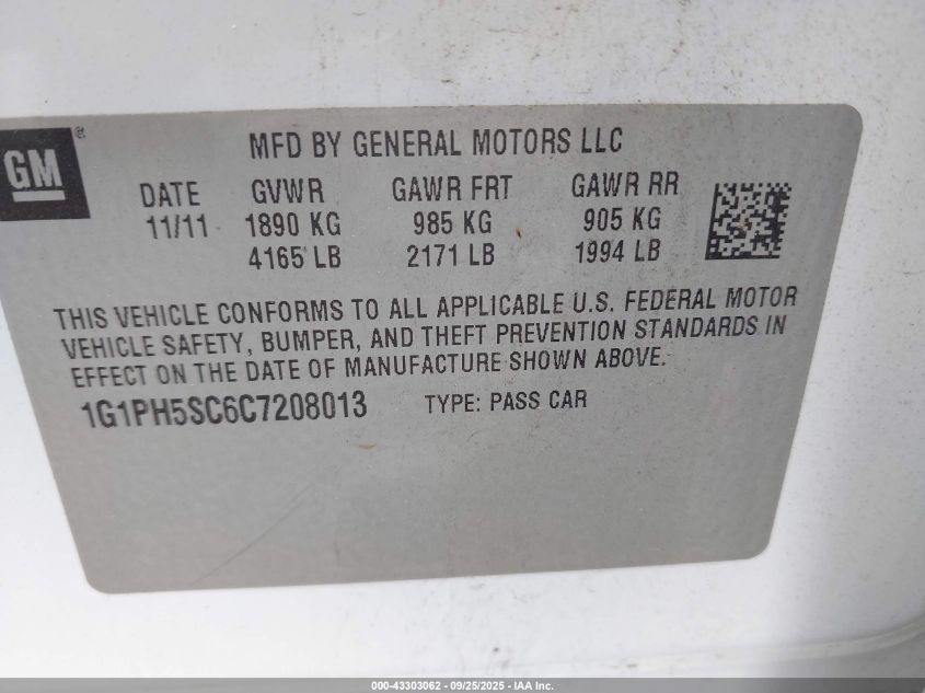 2012 Chevrolet Cruze Ltz VIN: 1G1PH5SC6C7208013 Lot: 43303062