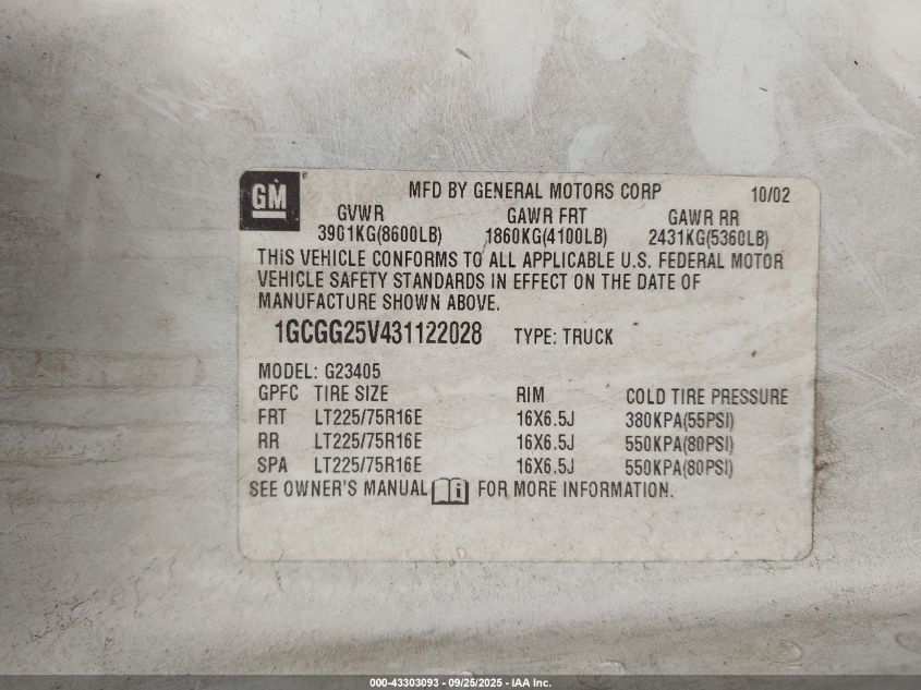 2003 Chevrolet Express VIN: 1GCGG25V431122028 Lot: 43303093