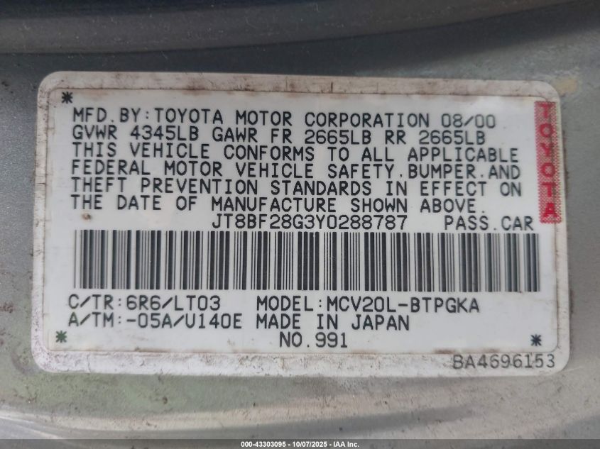 2000 Lexus Es 300 VIN: JT8BF28G3Y0288787 Lot: 43303095