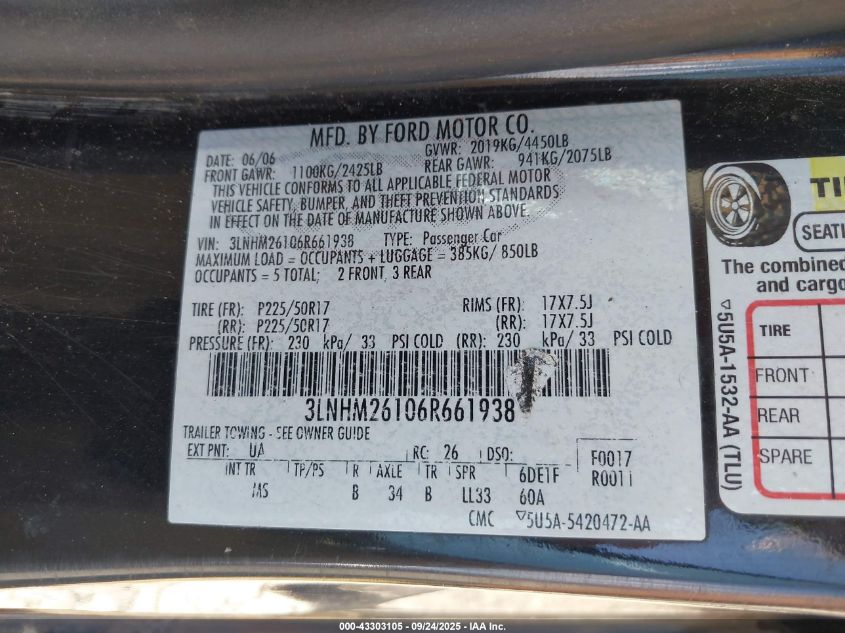 2006 Lincoln Zephyr VIN: 3LNHM26106R661938 Lot: 43303105