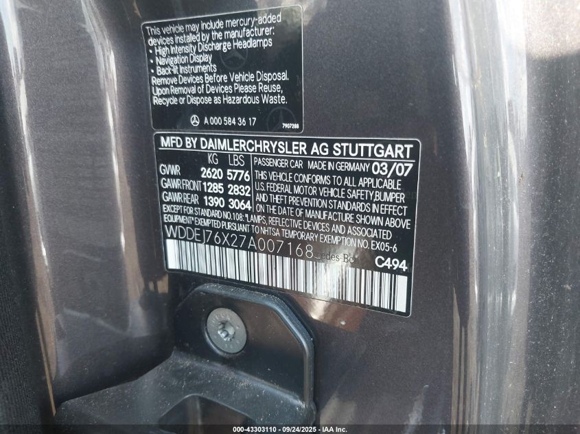 2007 Mercedes-Benz Cl 600 VIN: WDDEJ76X27A007168 Lot: 43303110