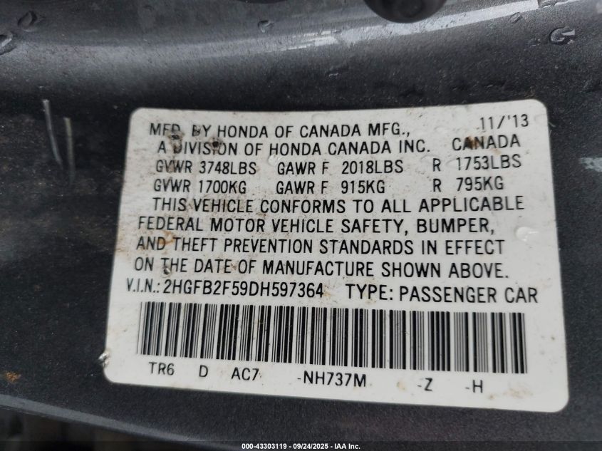 2013 Honda Civic Lx VIN: 2HGFB2F59DH597364 Lot: 43303119