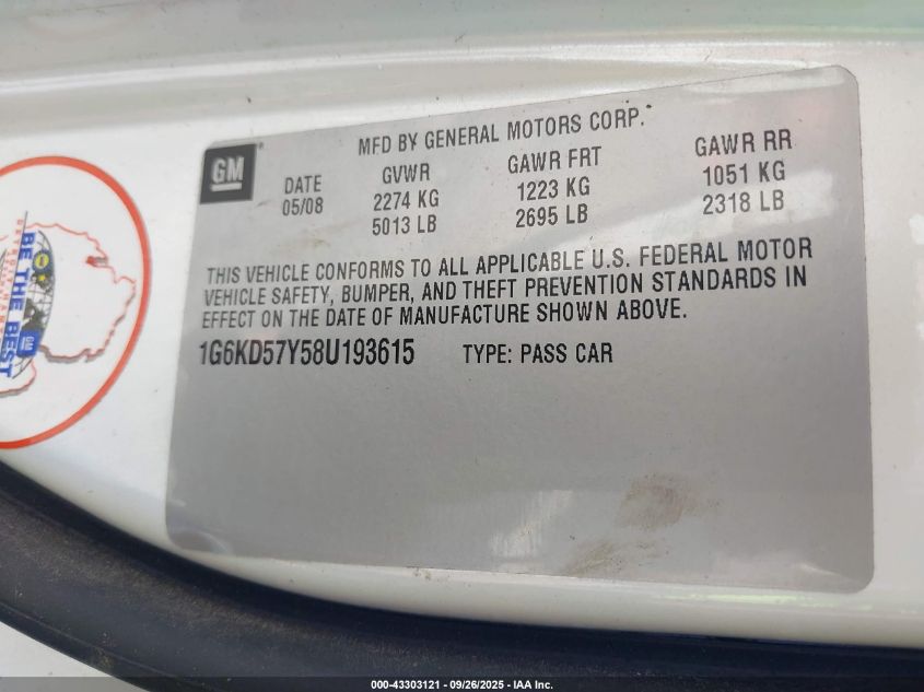 2008 Cadillac Dts 1Sc VIN: 1G6KD57Y58U193615 Lot: 43303121