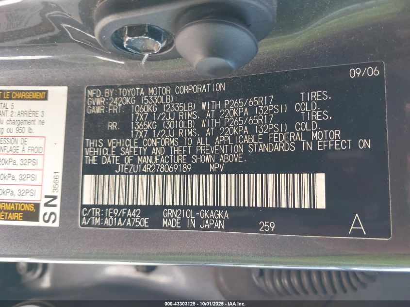 2007 Toyota 4Runner Sr5 V6 VIN: JTEZU14R278069189 Lot: 43303125