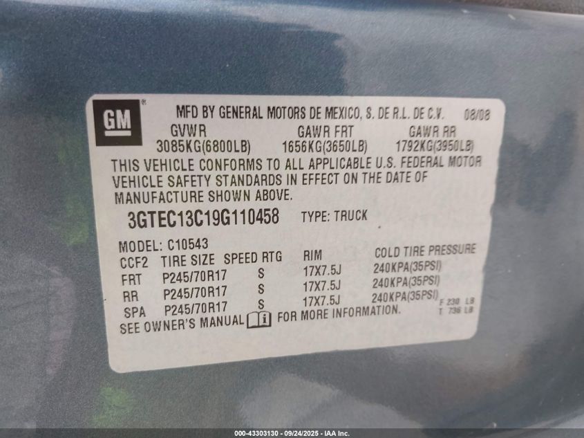 2009 GMC Sierra 1500 Sl VIN: 3GTEC13C19G110458 Lot: 43303130