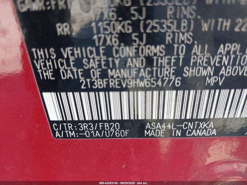 2017 Toyota Rav4 Le VIN: 2T3BFREV9HW654776 Lot: 43303149