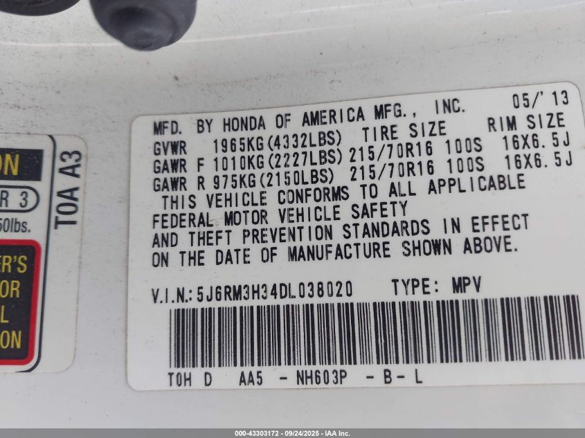 2013 Honda Cr-V Lx VIN: 5J6RM3H34DL038020 Lot: 43303172