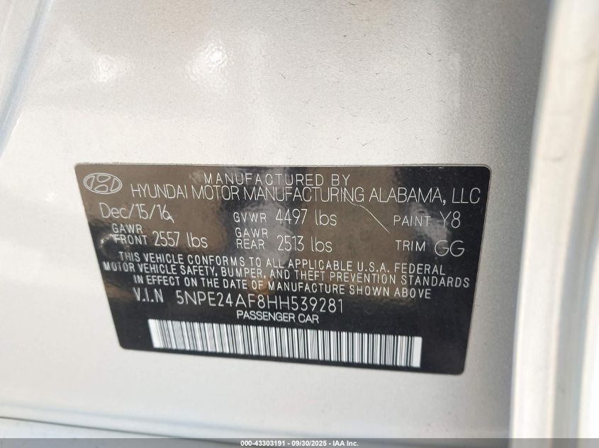 2017 Hyundai Sonata Se VIN: 5NPE24AF8HH539281 Lot: 43303191