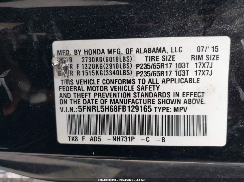 2015 Honda Odyssey Ex-L VIN: 5FNRL5H68FB129165 Lot: 43303194