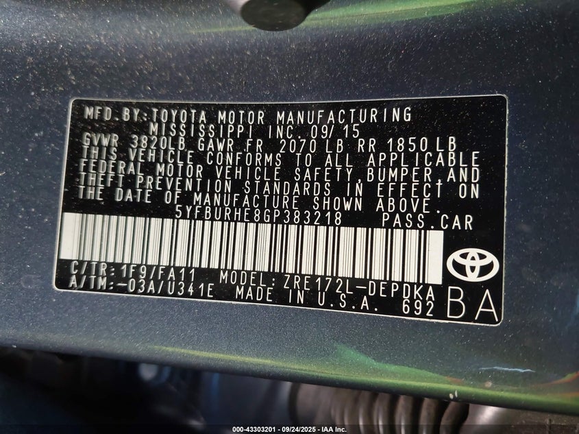 2016 Toyota Corolla L VIN: 5YFBURHE8GP383218 Lot: 43303201