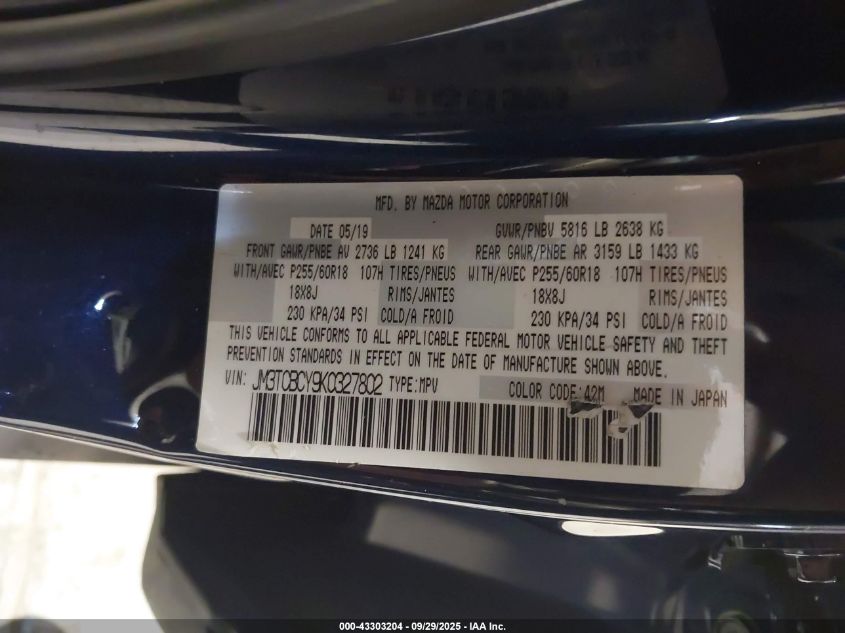 2019 Mazda Cx-9 Touring VIN: JM3TCBCY9K0327802 Lot: 43303204