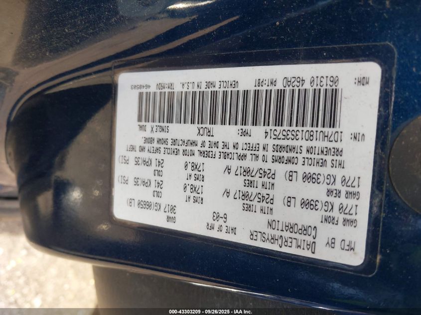 2003 Dodge Ram 1500 Slt/Laramie/St VIN: 1D7HU18D13S357514 Lot: 43303209