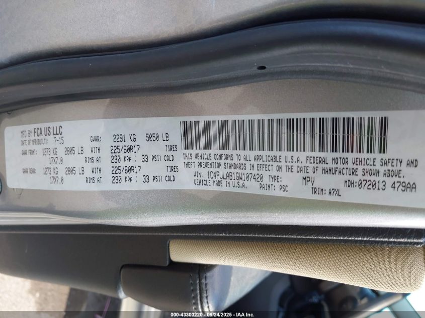 2016 Jeep Cherokee Sport VIN: 1C4PJLAB1GW107420 Lot: 43303220