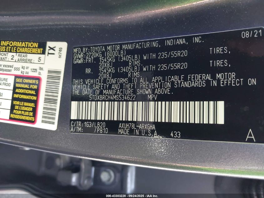 2021 Toyota Highlander Hybrid Limited VIN: 5TDXBRCH4MS534622 Lot: 43303228