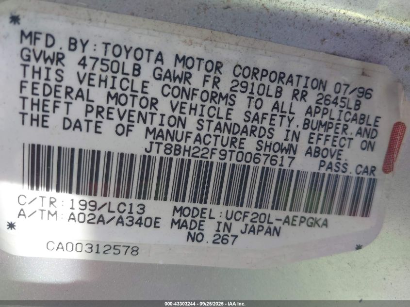 1996 Lexus Ls 400 VIN: JT8BH22F9T0067617 Lot: 43303244