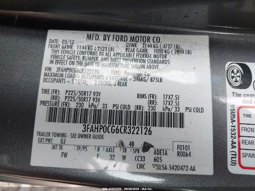 2012 Ford Fusion Sel VIN: 3FAHP0CG6CR322126 Lot: 43303258