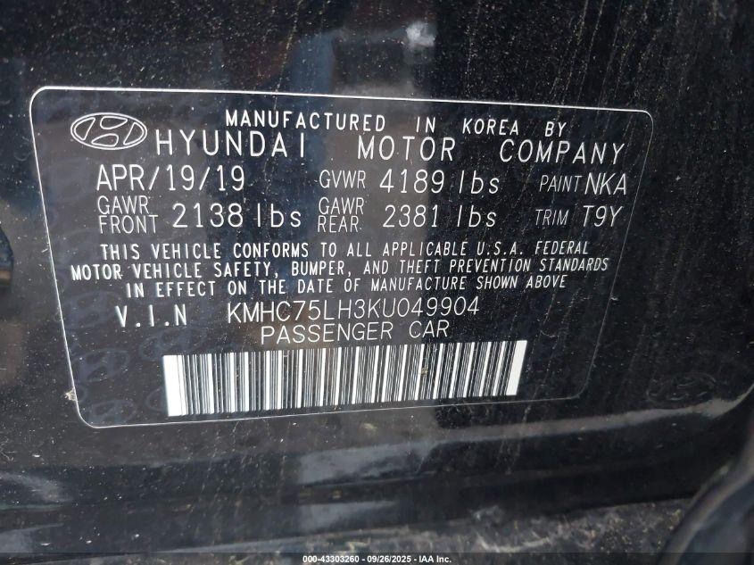 2019 Hyundai Ioniq Electric VIN: KMHC75LH3KU049904 Lot: 43303260