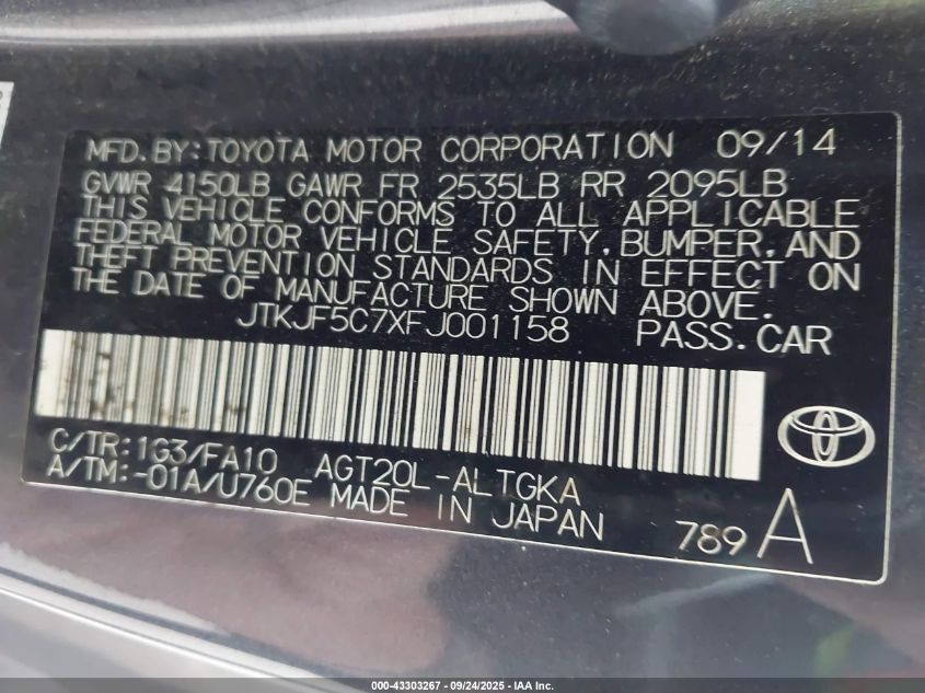 2015 Scion Tc VIN: JTKJF5C7XFJ001158 Lot: 43303267