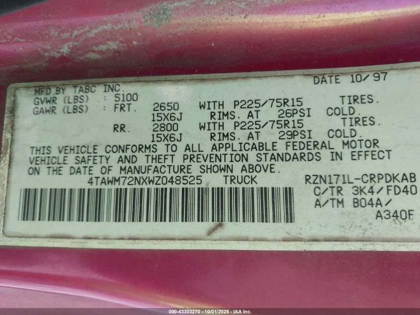 1998 Toyota Tacoma Xtracab VIN: 4TAWM72NXWZ048525 Lot: 43303270