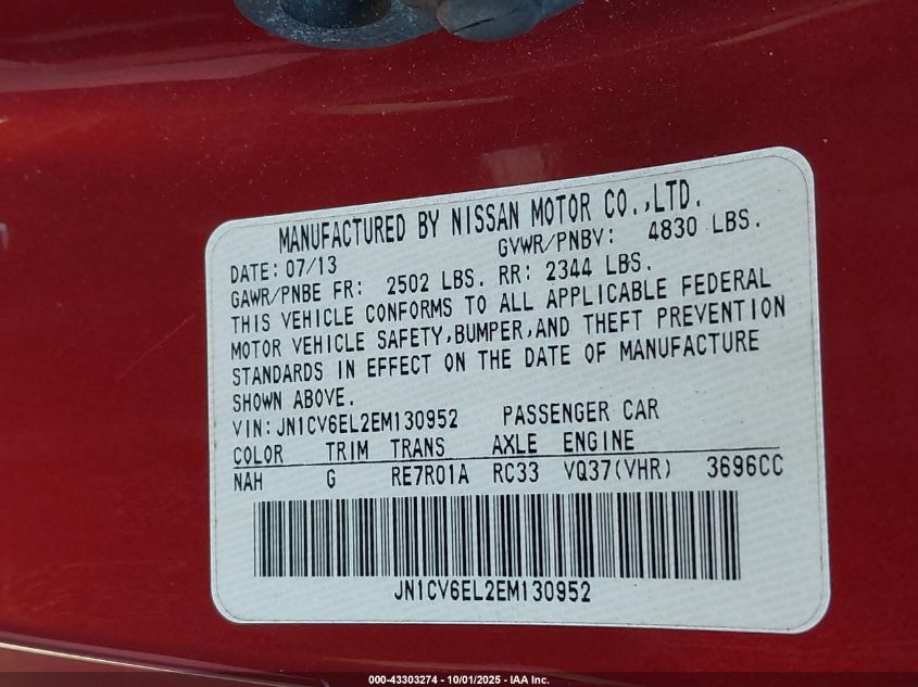 2014 Infiniti Q60 VIN: JN1CV6EL2EM130952 Lot: 43303274