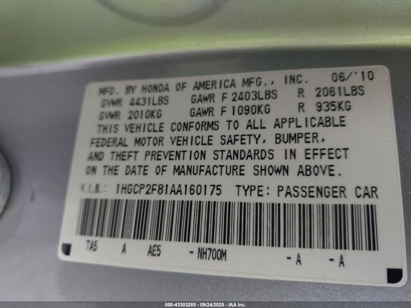 2010 Honda Accord 2.4 Ex-L VIN: 1HGCP2F81AA160175 Lot: 43303285
