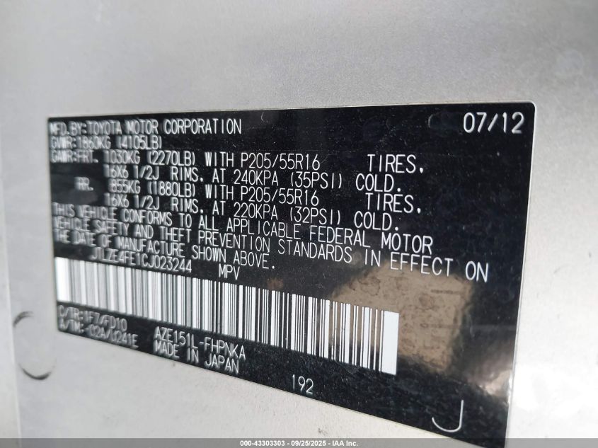 2012 Scion Xb VIN: JTLZE4FE1CJ023244 Lot: 43303303