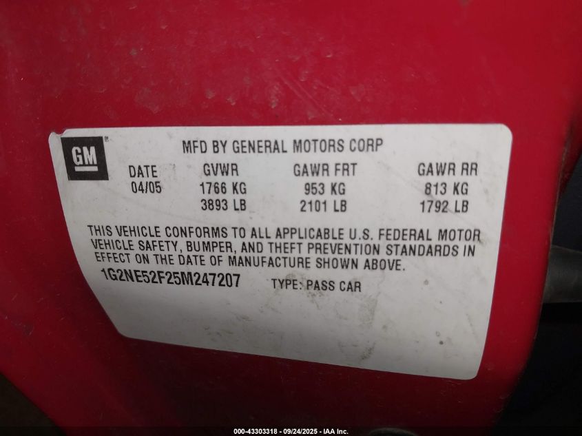 2005 Pontiac Grand Am Se VIN: 1G2NE52F25M247207 Lot: 43303318