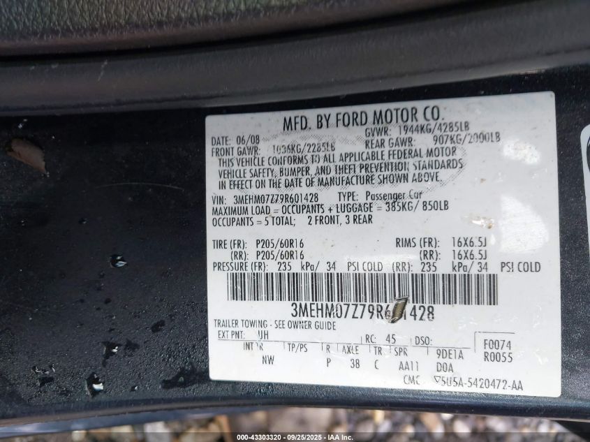 2009 Mercury Milan I4 VIN: 3MEHM07Z79R601428 Lot: 43303320