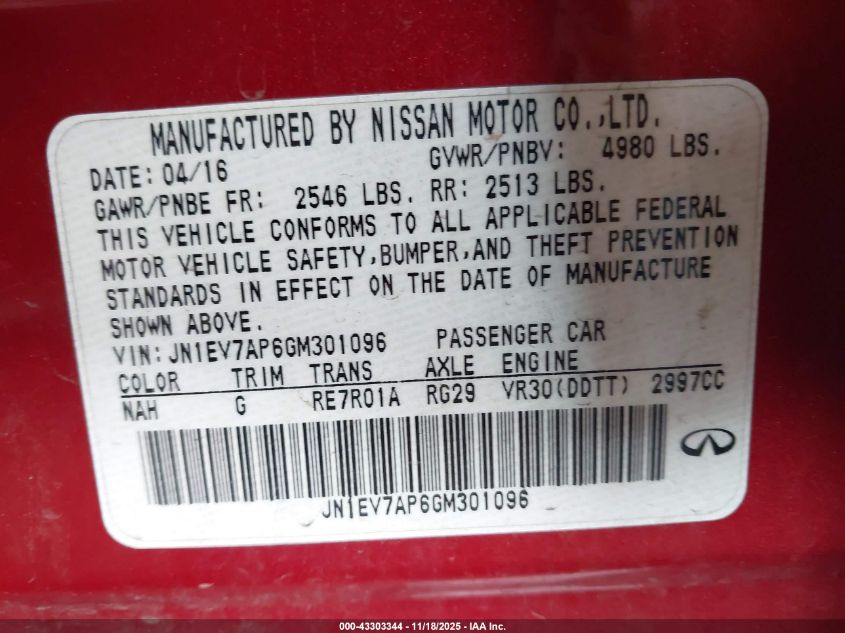 2016 Infiniti Q50 3.0T Premium VIN: JN1EV7AP6GM301096 Lot: 43303344