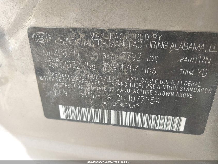 2012 Hyundai Elantra Gls VIN: 5NPDH4AE2CH077259 Lot: 43303347