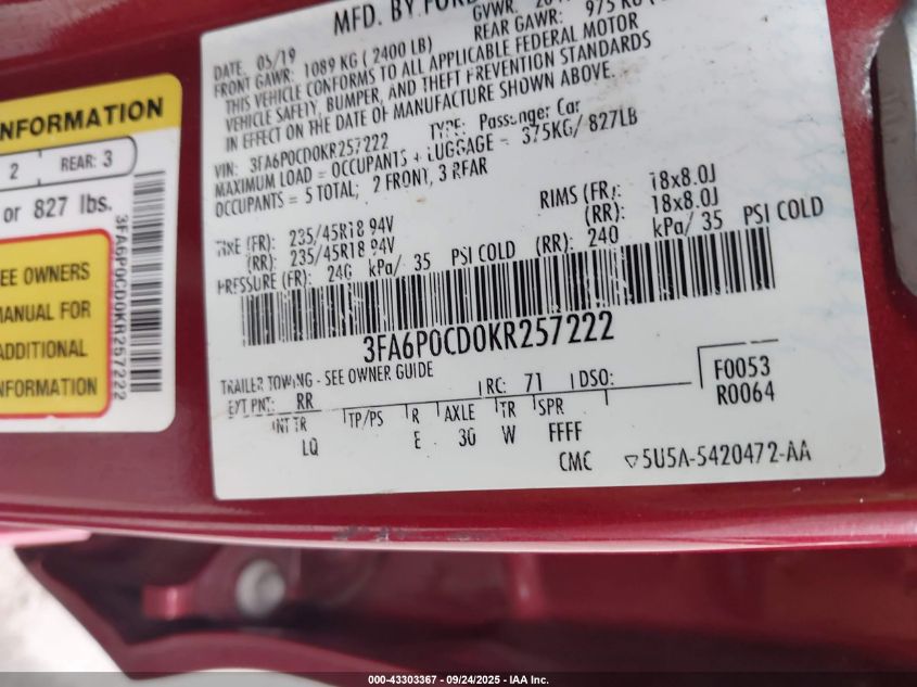 2019 Ford Fusion Sel VIN: 3FA6P0CD0KR257222 Lot: 43303367