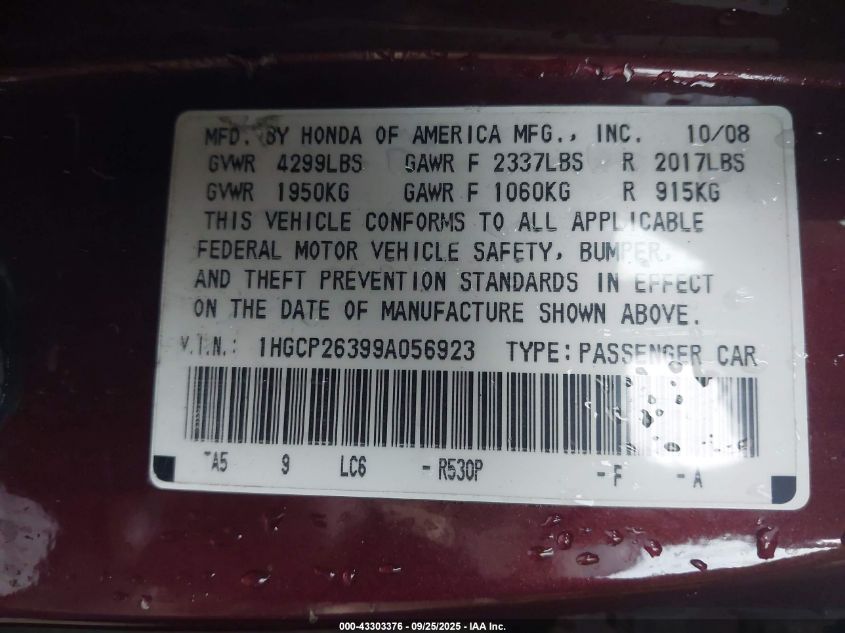2009 Honda Accord 2.4 Lx VIN: 1HGCP26399A056923 Lot: 43303376