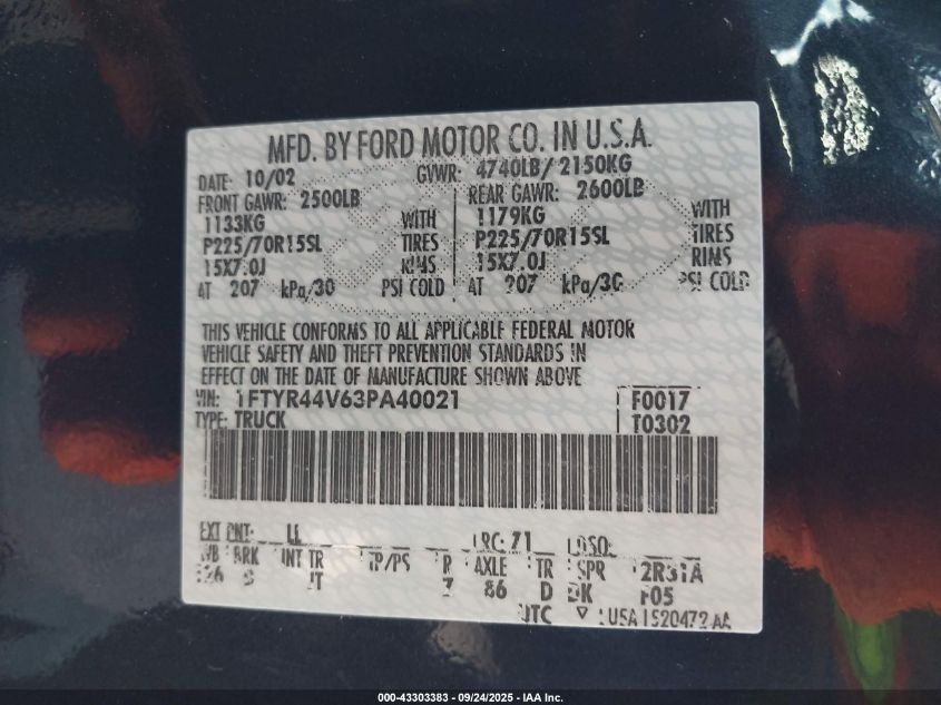 2003 Ford Ranger Edge/Tremor/Xlt VIN: 1FTYR44V63PA40021 Lot: 43303383